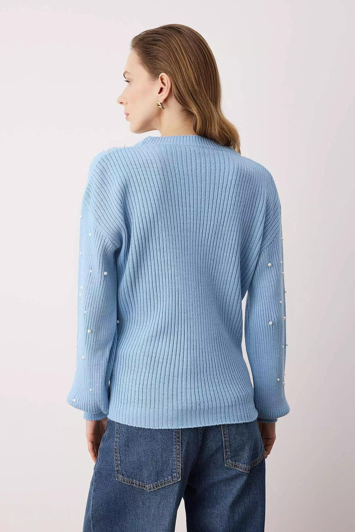 Light Blue Pearl Detailed Crew Neck Knitwear Sweater Twoaw22Kz1493