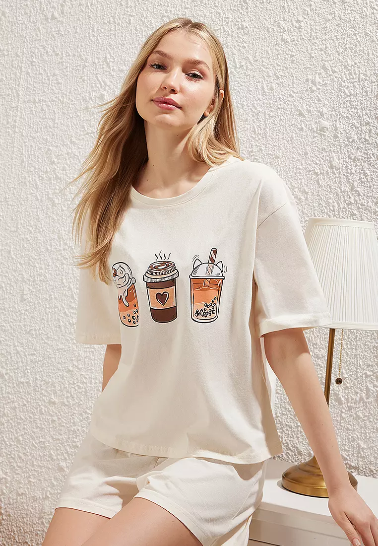 Ekru Coffee Printed Knitted Pajama Set With Shorts