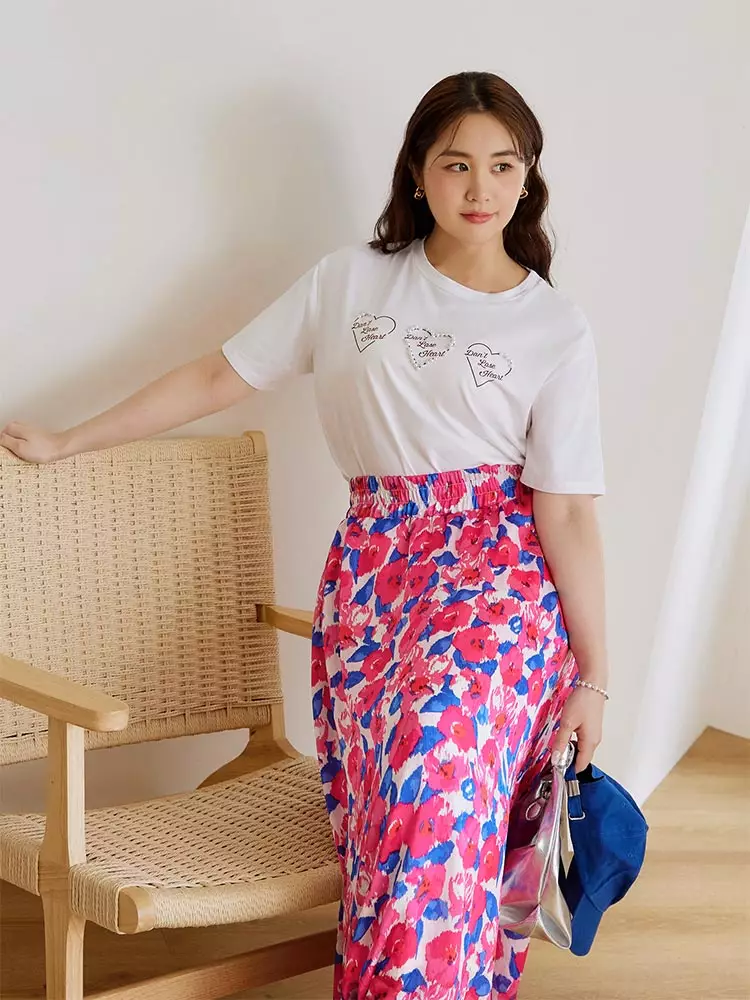 Satin pleated print flared skirt [CA2952]