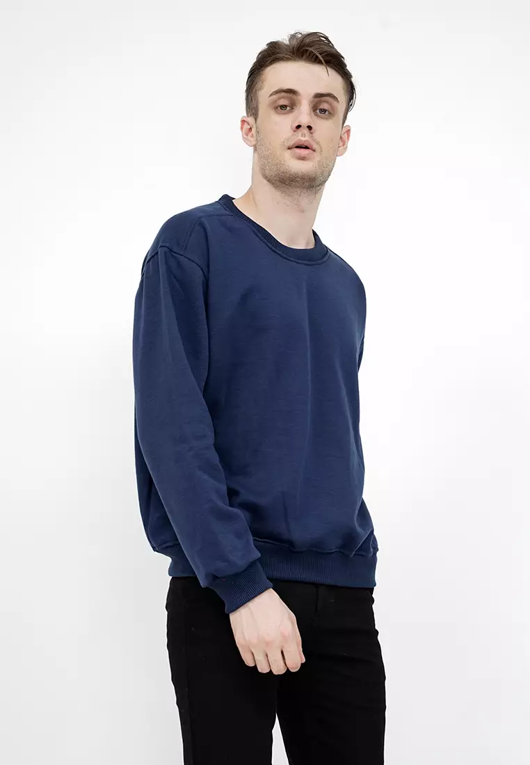 sweater basic lengan panjang baju sweater tebal biru dongker