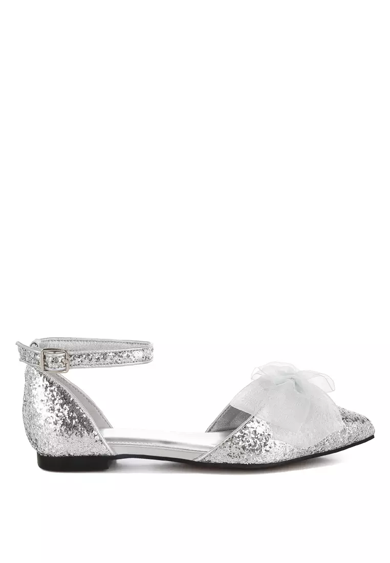 Discount on Rag & CO.  shoes - SKU: Sheer Bow Detail Glitter Flat Sandals in Silver