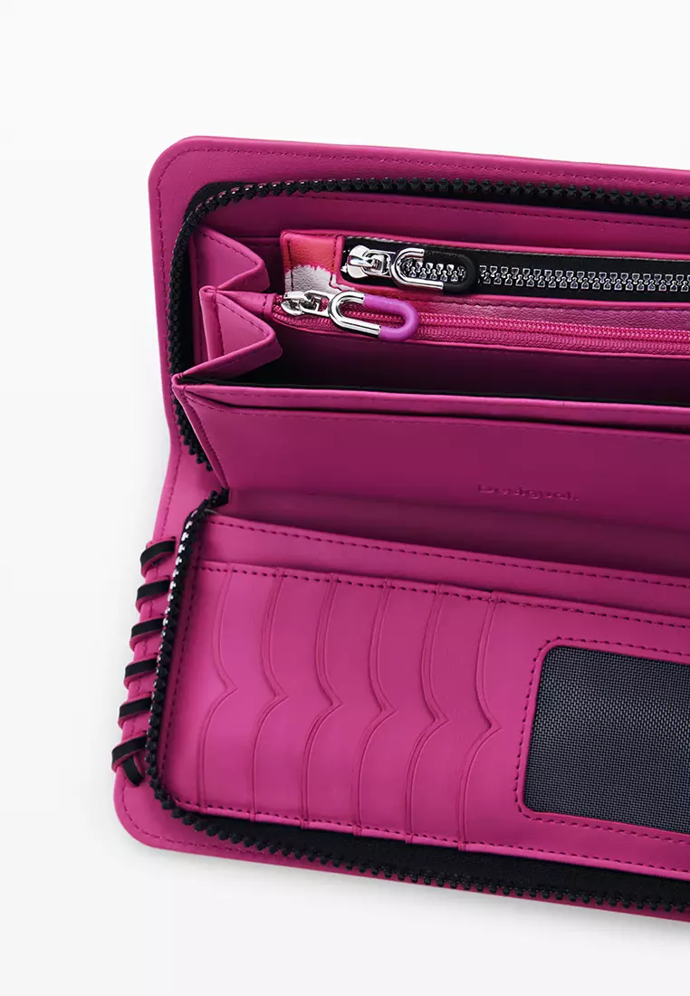 Medium wallet with detachable leather-effect