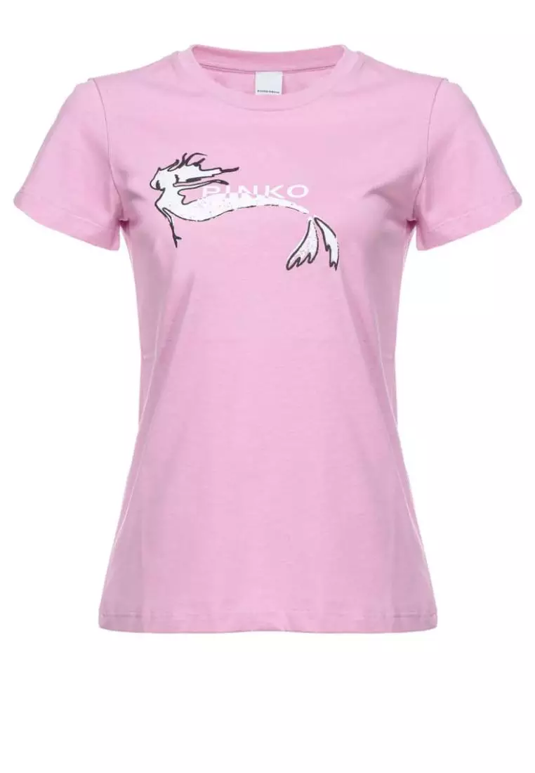 美品 PINKO オールインワン ピンク S 袖フリル 半袖 PIKO ピコ 半袖 Tシャツ ピンク プリント サーフ系 トップス