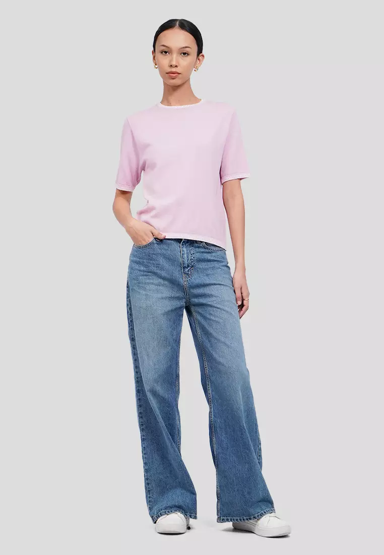 Contrast Stitch Short Sleeve Knit Top