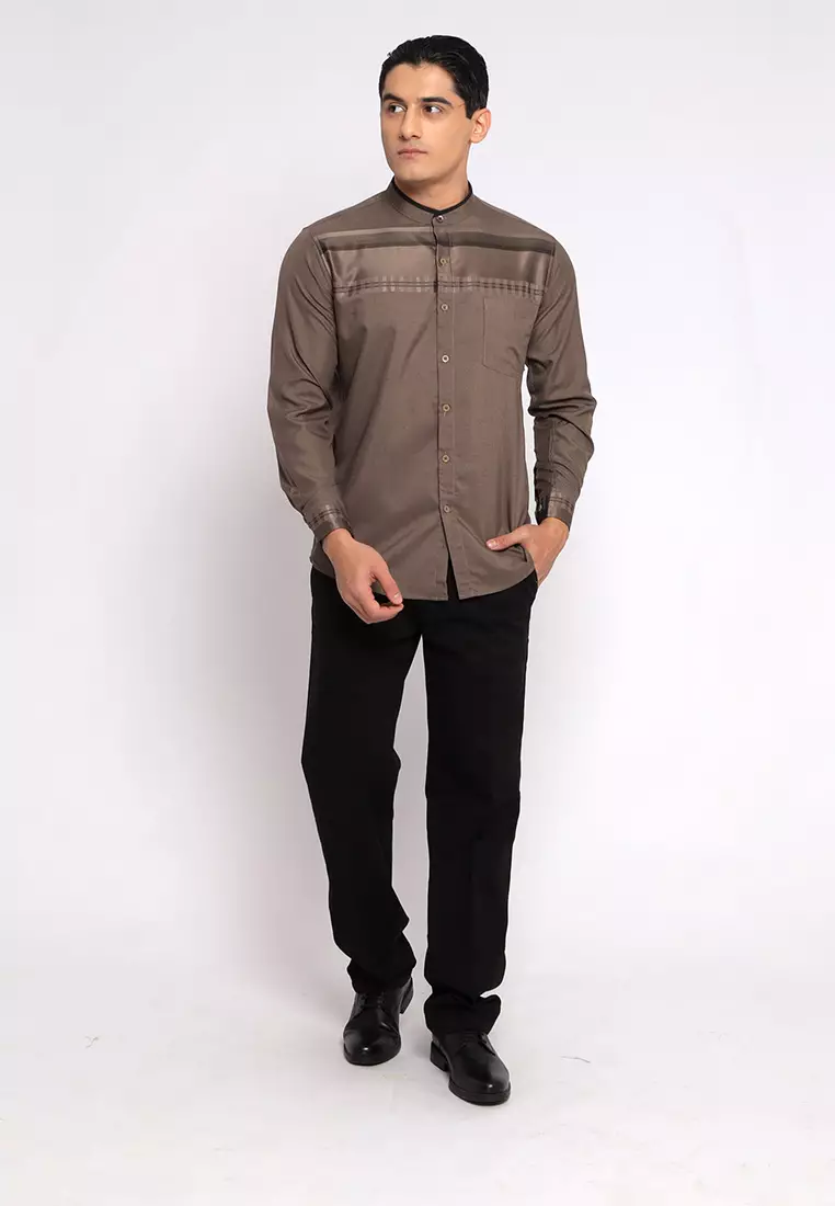 Casella Baju Koko Pria Lengan Panjang | Baju Koko Horizontal Harun 9904 Dark Brown