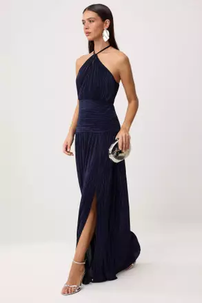 online formal dresses philippines Yellow Halter Mermaid One Shoulder Long Sleeve Prom Dress With Beading –  BIZTUNNEL main image 1