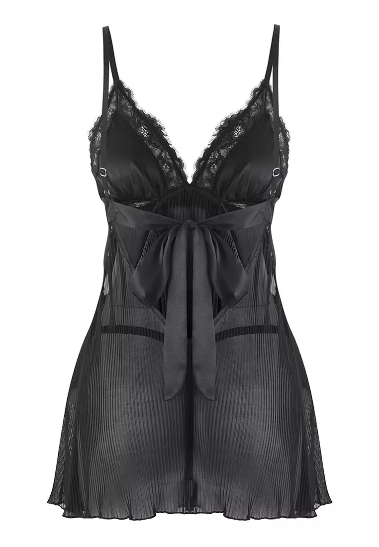 Black Tulle Pleated And Back Ribbon/Bow/Tie Panty Babydoll/Fantasy Nightgown