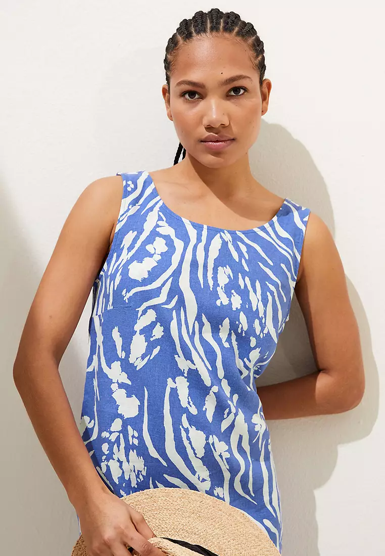 Linen Rich Printed Round Neck Shift Dress