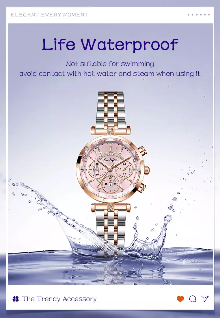 Jam Tangan Wanita Original B005 Kalendar Anti Air Berlian Kuarsa Tali Stainless Steel Jam Tangan Cewek rosepink
