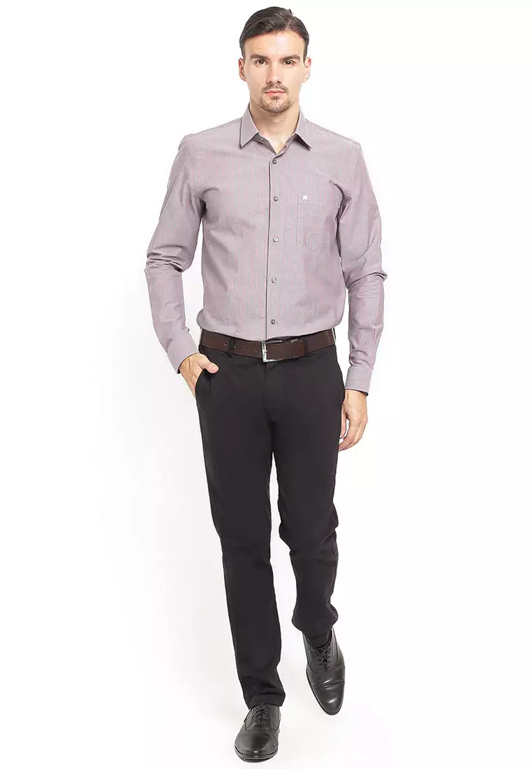 Johnwin - Slim Fit - Kemeja Formal - Salur - Lengan Panjang - Abu