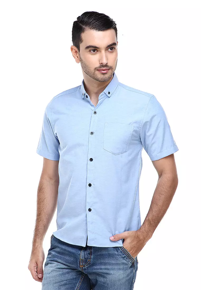 Dwan Casual Shirt Kemeja Polos Pria Lengan Pendek Kasual Formal Material Cotton ORIGINAL - Blue