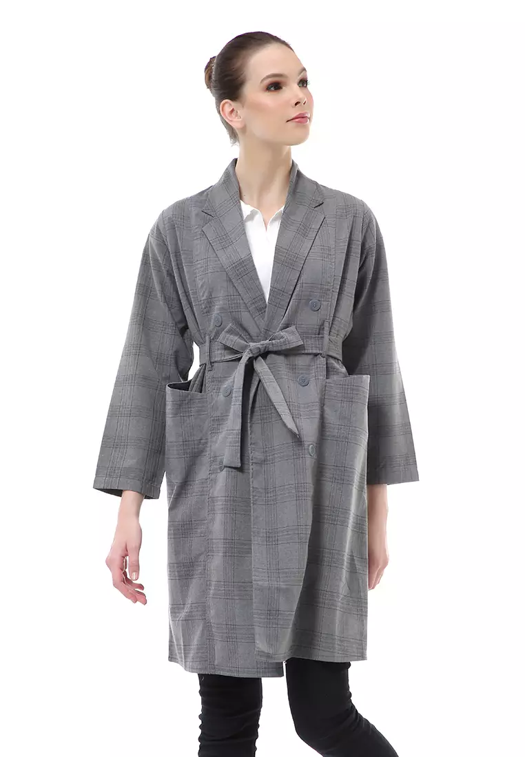 Myra Outerwear Wanita Blazer Tali Pinggang Lengan Panjang Material Semiwol ORIGINAL - Gray