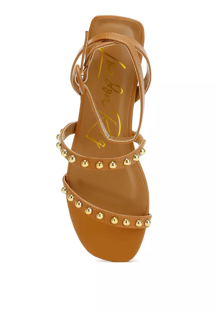 Studded Ankle Strap Flat Sandals in Tan
