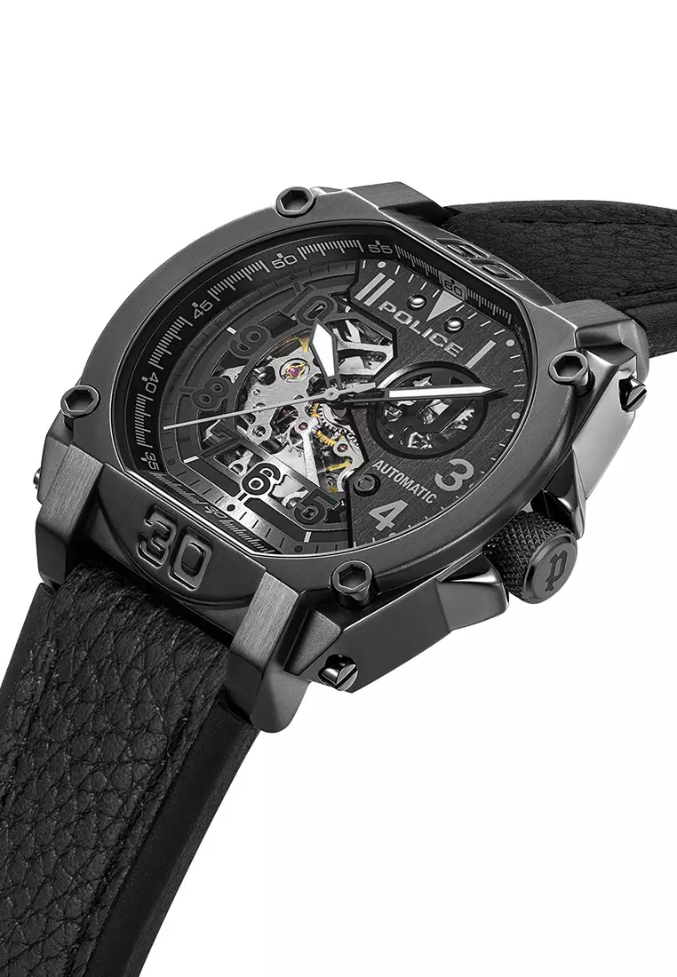 Police Norwood Black Leather Analog Automatic Watch For Men PPEWGE0040003
