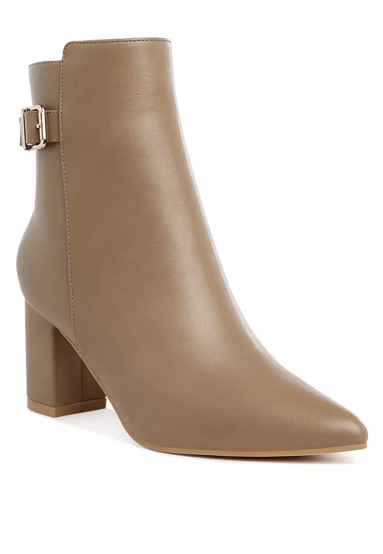 Belt Detail Block Heel Boots in Taupe
