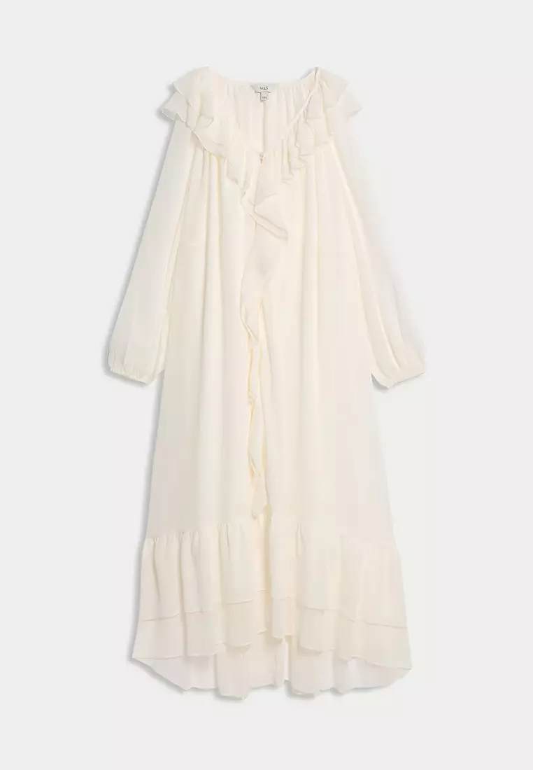 V-Neck Frill Detail Midaxi Smock Dress