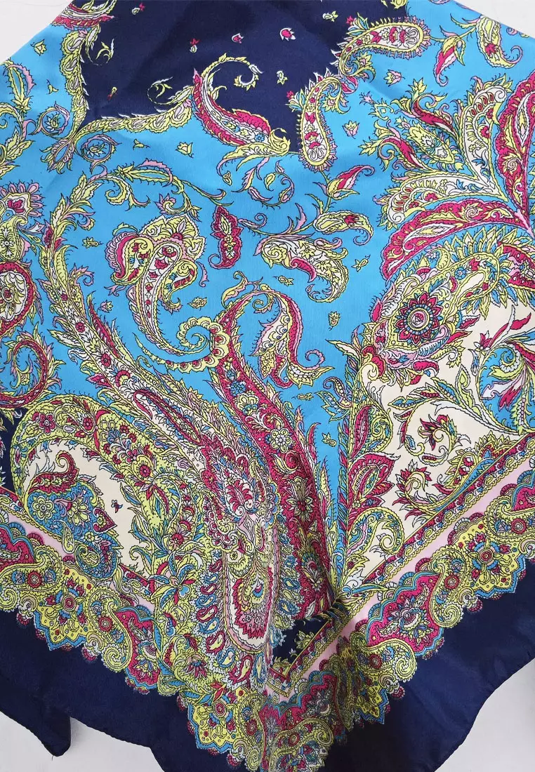 Aksesoris Wanita Syal Segi Empat Paisley Design Poly Satin SquareScarf Navy