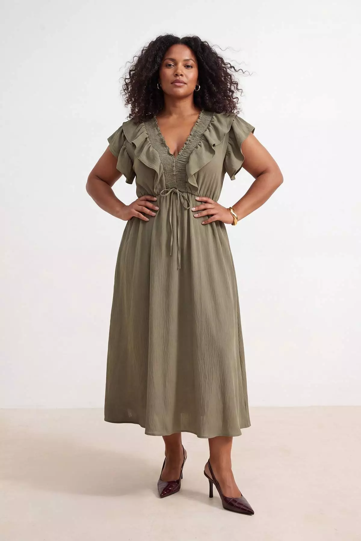 Khaki Woven Plus Size Dress Tbbss26Ah00034
