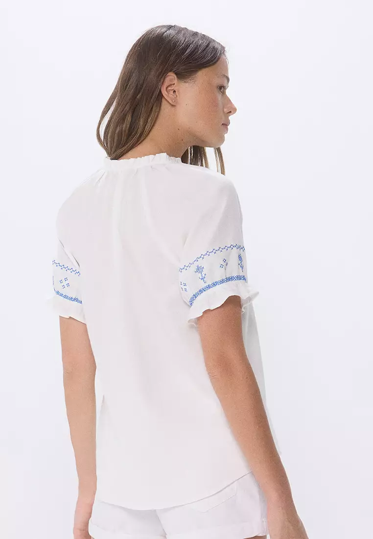 Blouse with Blue Ethnic Embroidery