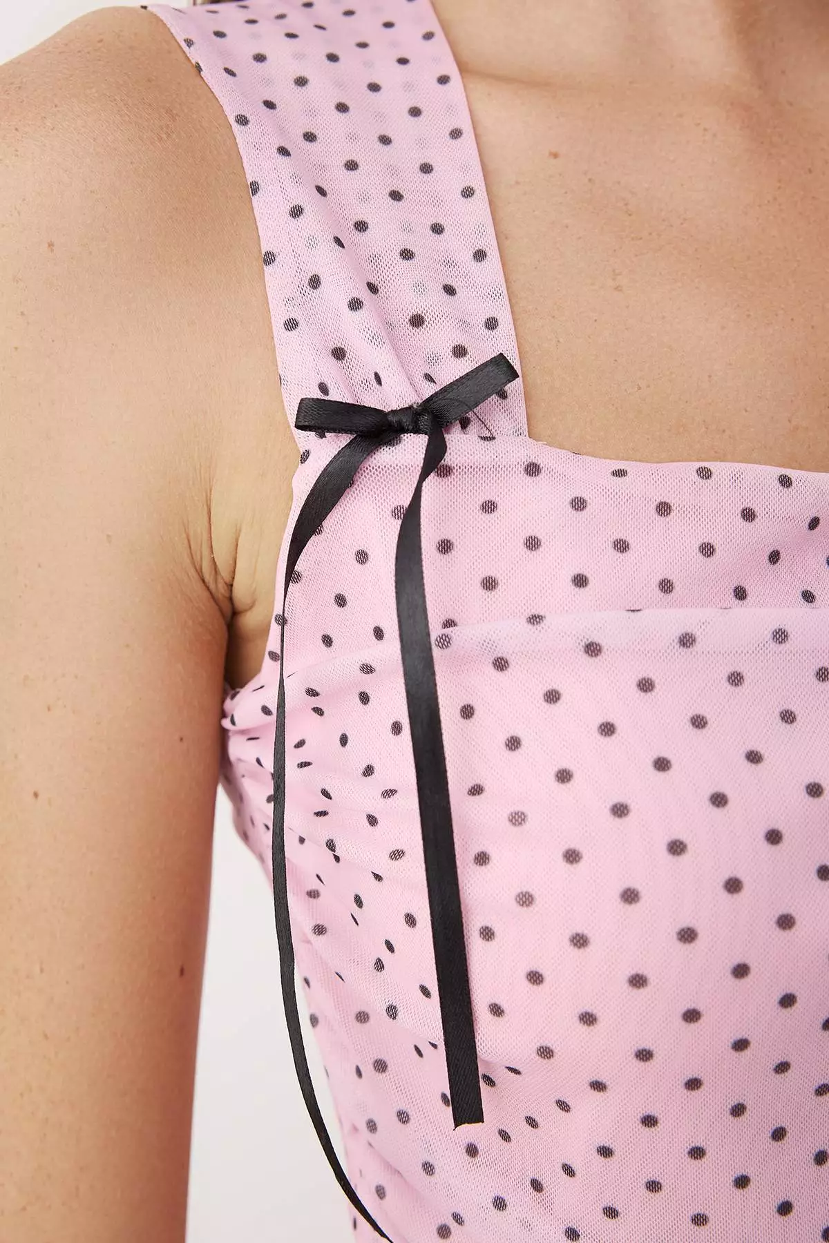 Pink Polka Dot Lined Printed Tulle Bodycon Crop Bow Detail Knitted Blouse