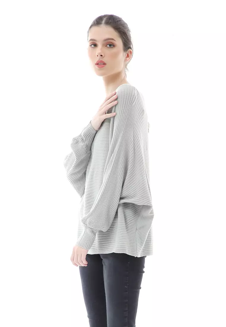 Eveline Sweater Rajut Batwing Atasan Wanita Motif Polos High Quality - Abu Muda