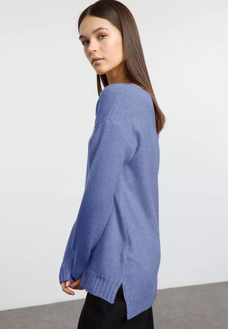 Indigo Wool Boat Neck Basic Knitwear Sweater