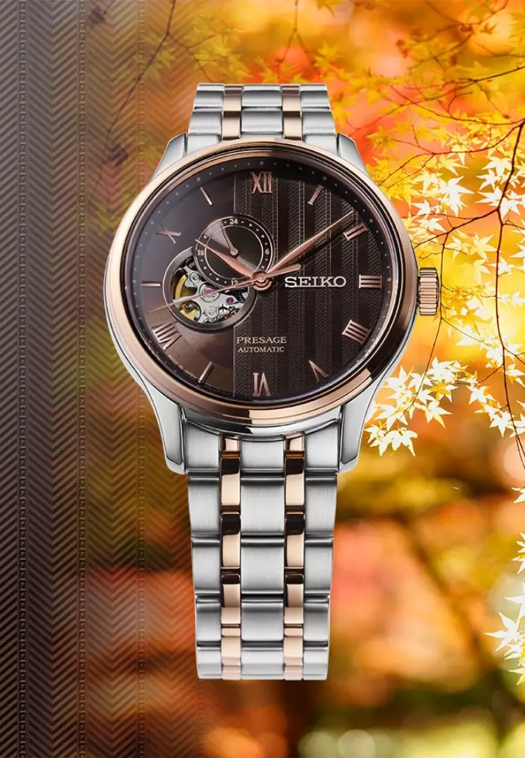 Seiko Presage Japanese Zen Garden Kyoto Autumn Leaves Warm Brown Dial Two-Tone Stainless Steel Band Automatic SSA466J1