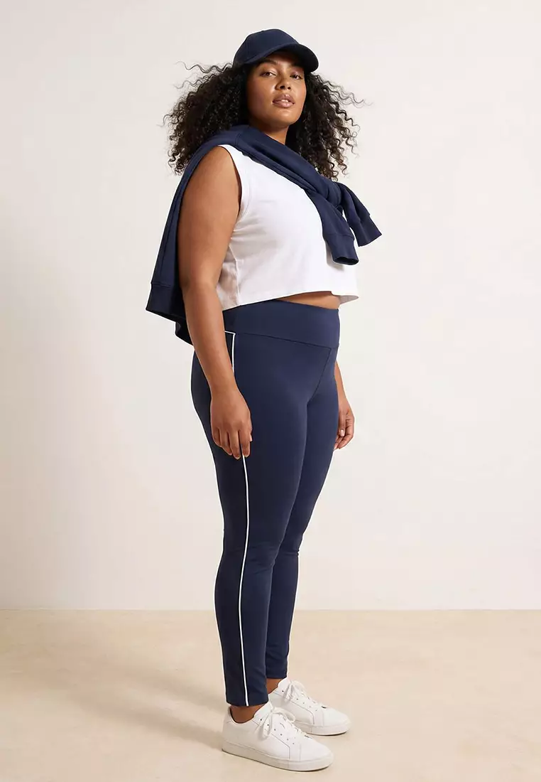 Navy Blue Soft Brushed Fabric Piping Detailed Flexible Knitted Plus Size Leggings Tbbss26Bv00001