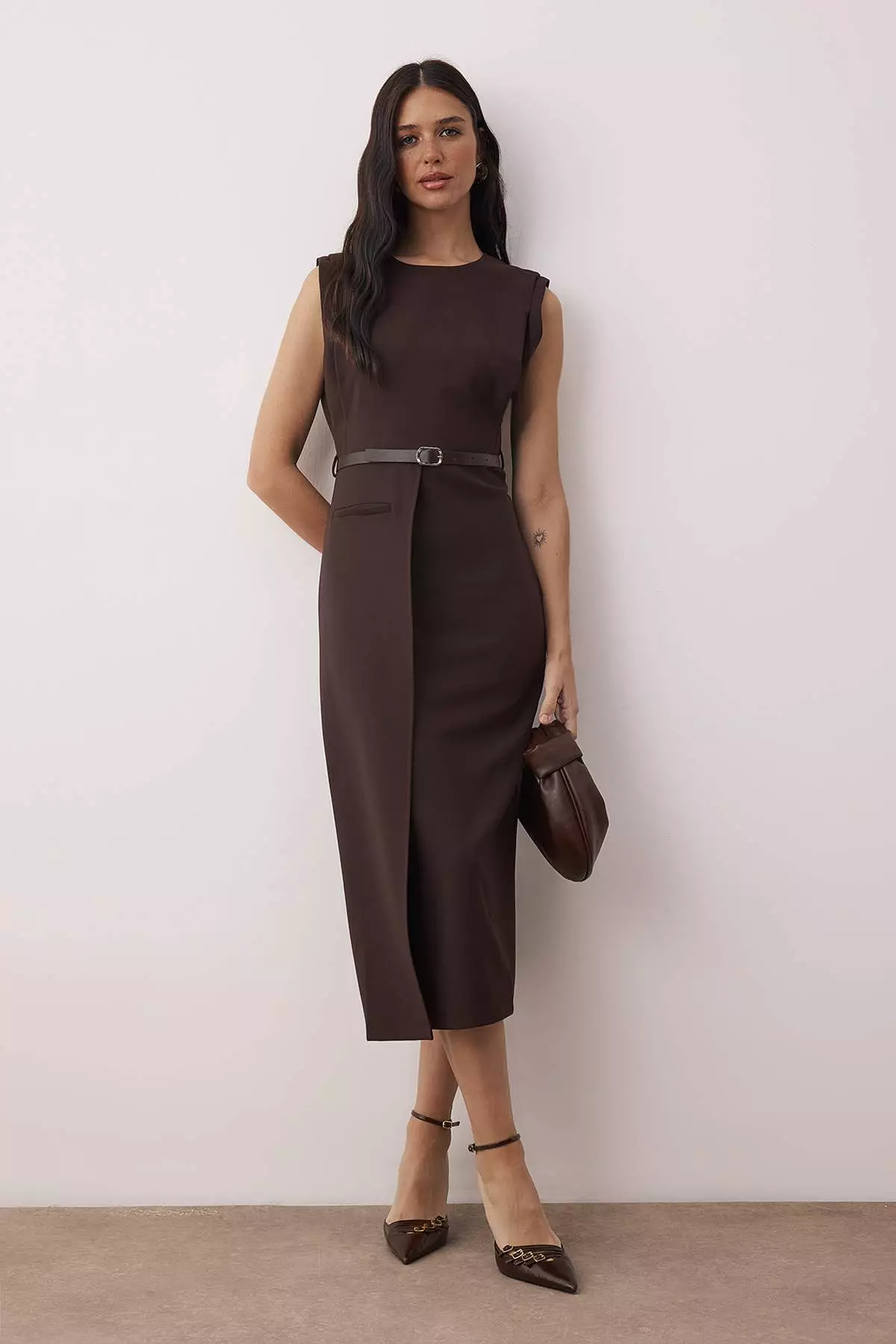 Buy Trendyol Brown Belt Detailed Woven Midi Dress Twoaw26El78 Online |  ZALORA Malaysia