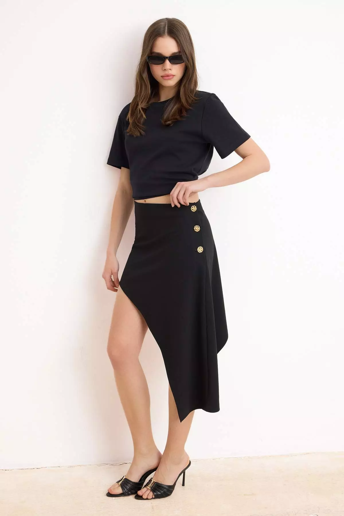 Black Pencil Asymmetrical Buttoned Regular Waist Mini Scuba Crepe Knitted Skirt Twoss26Et227