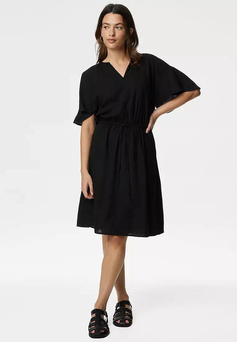 Linen Blend V-Neck Knee Length Swing Dress