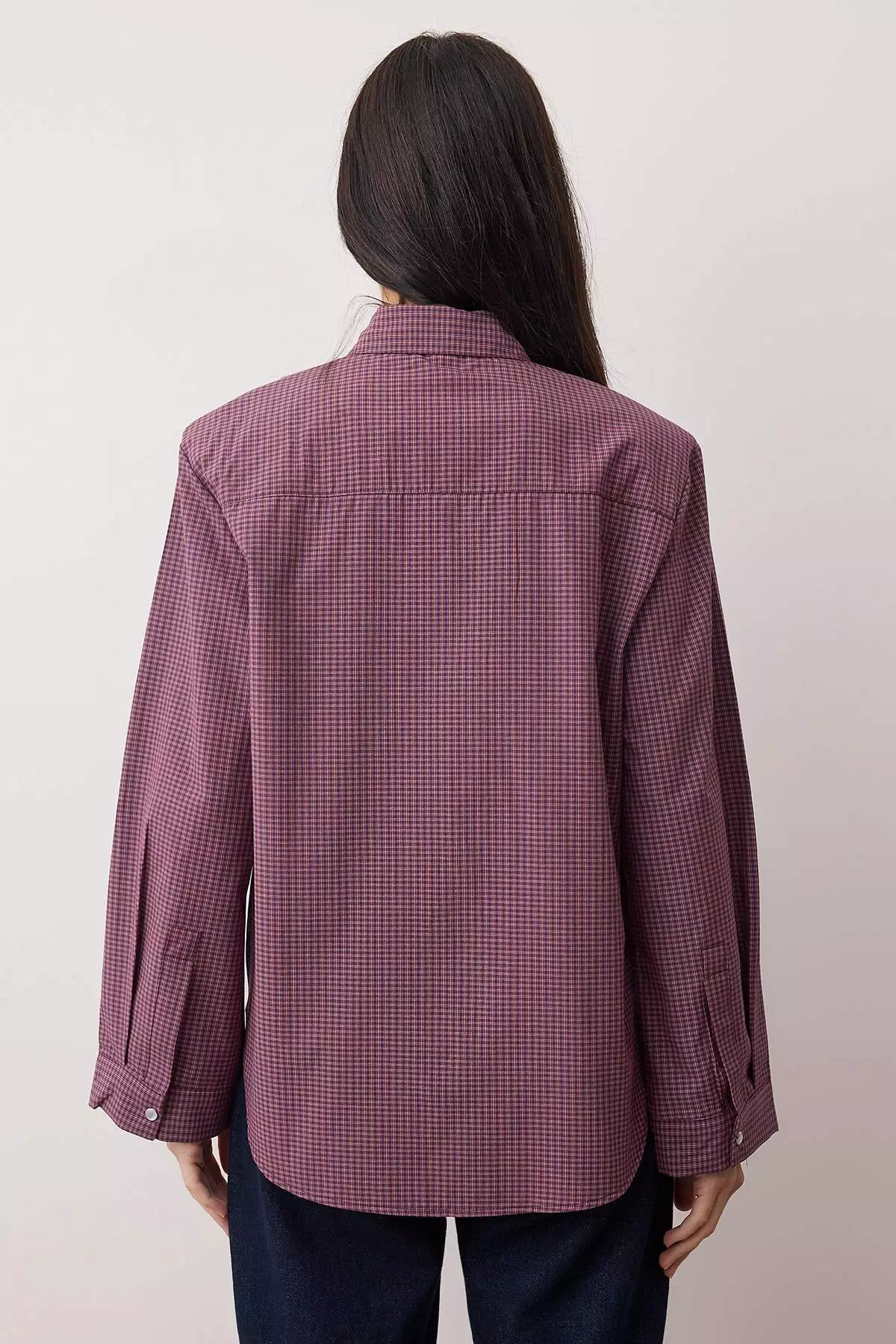 Burgundy-Multicolored Checkered Padded Wide Cuff Oversize Shirt Twoaw26Go127