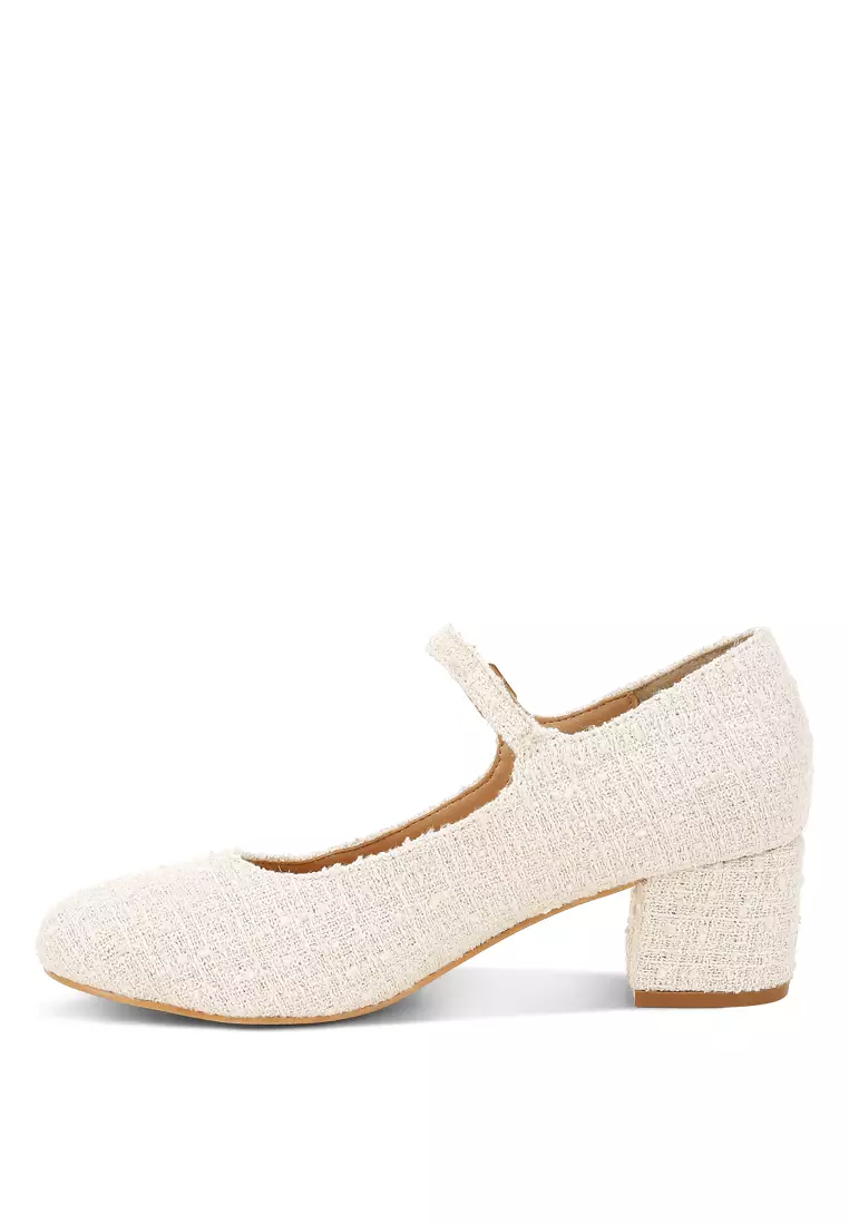 Sandal Tweed Mary Jane Warna Putih