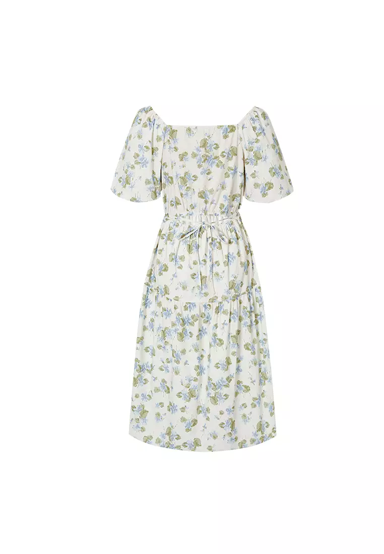 Puff Sleeve Square Neck Floral Midi Dress