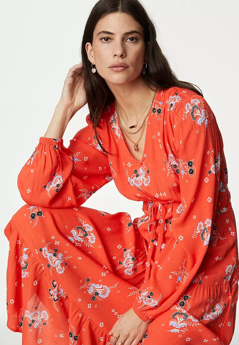 Floral V-Neck Tie Waist Midaxi Waisted Dress