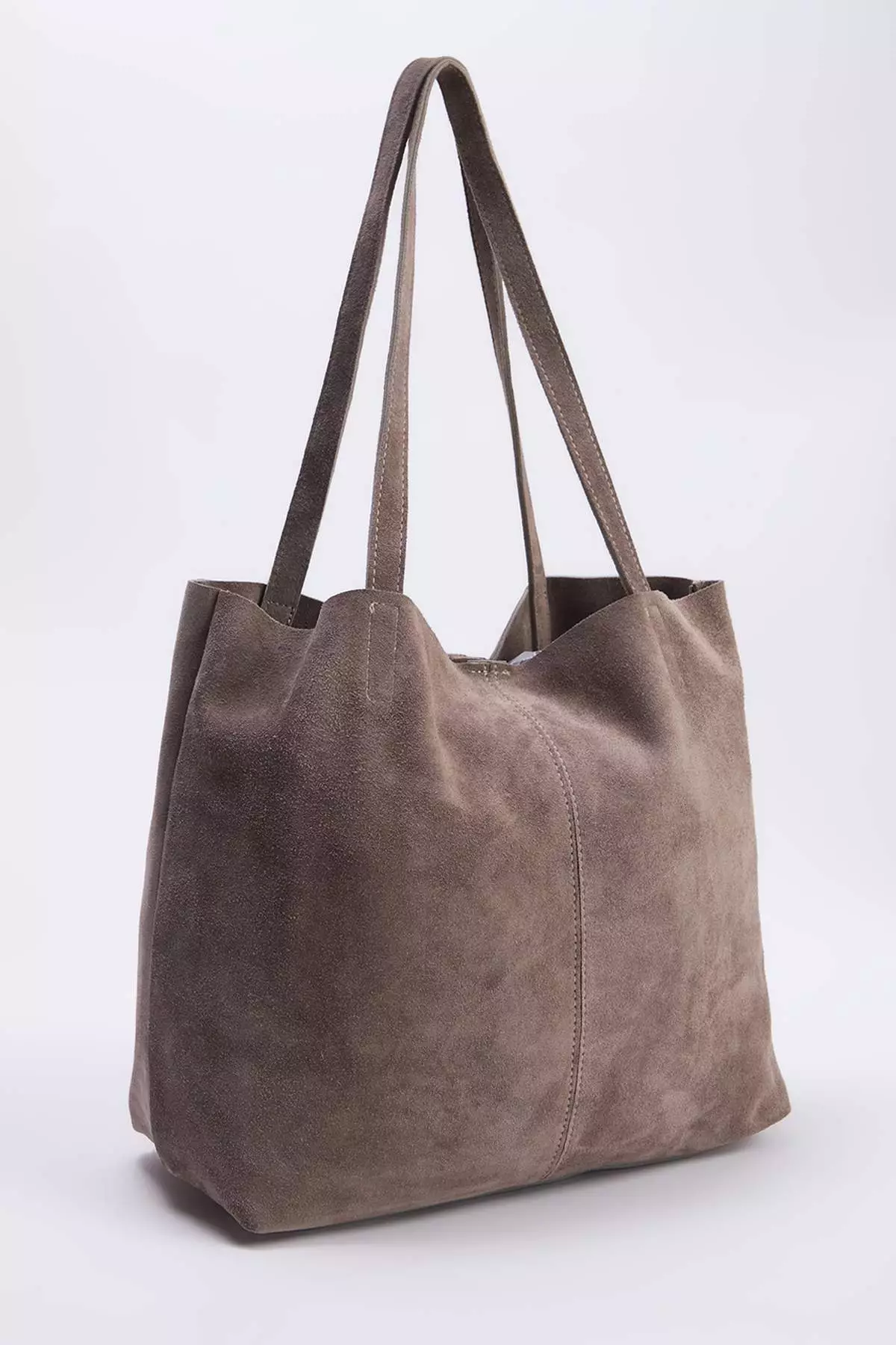 Sand Beige Premium Genuine Leather Suede Women'S Maxi Size Shoulder Bag Takaw26Oc00041