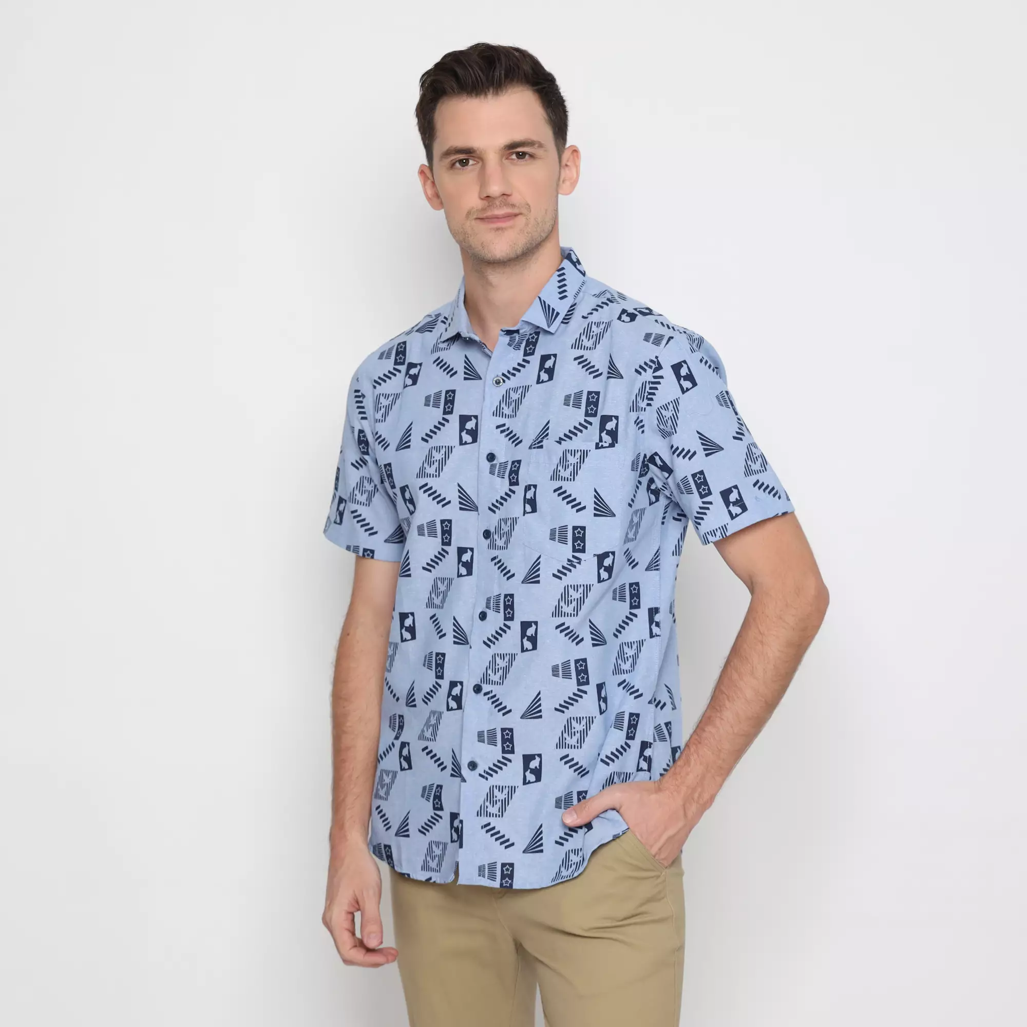 Platini Kemeja Motif Pria Lengan Pendek Katun Biru 132213