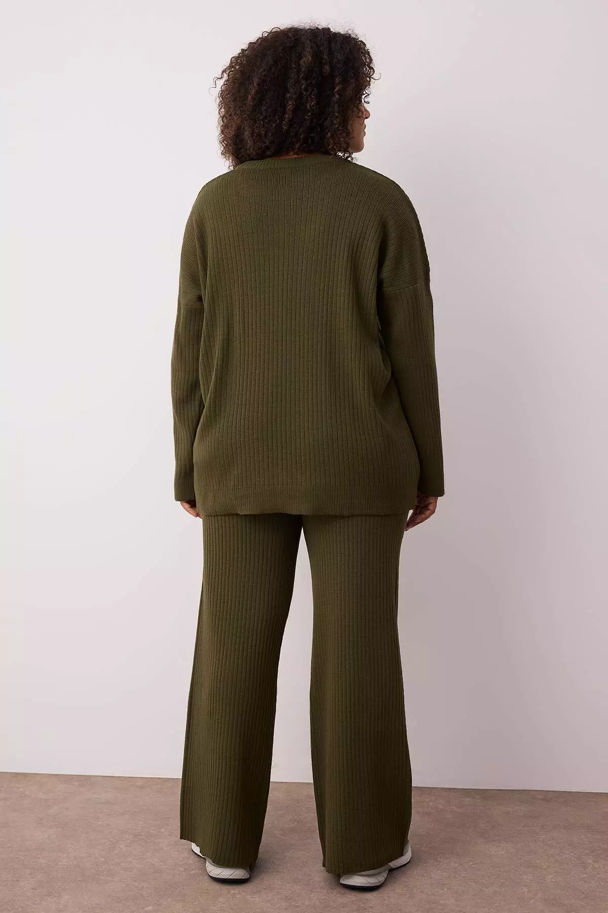 Khaki Corduroy Crew Neck Knitwear Sweater Pants Set Tbbaw23Cp00044