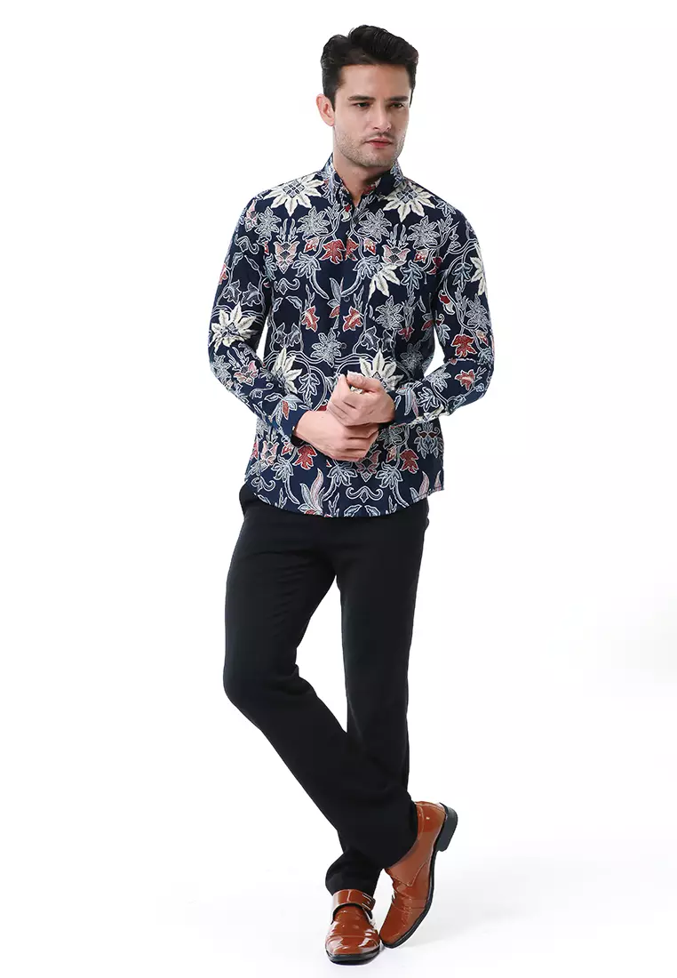 Blade Kemeja Formal Pria Batik Lengan Panjang Motif Bunga Material Cotton ORIGINAL - Blue