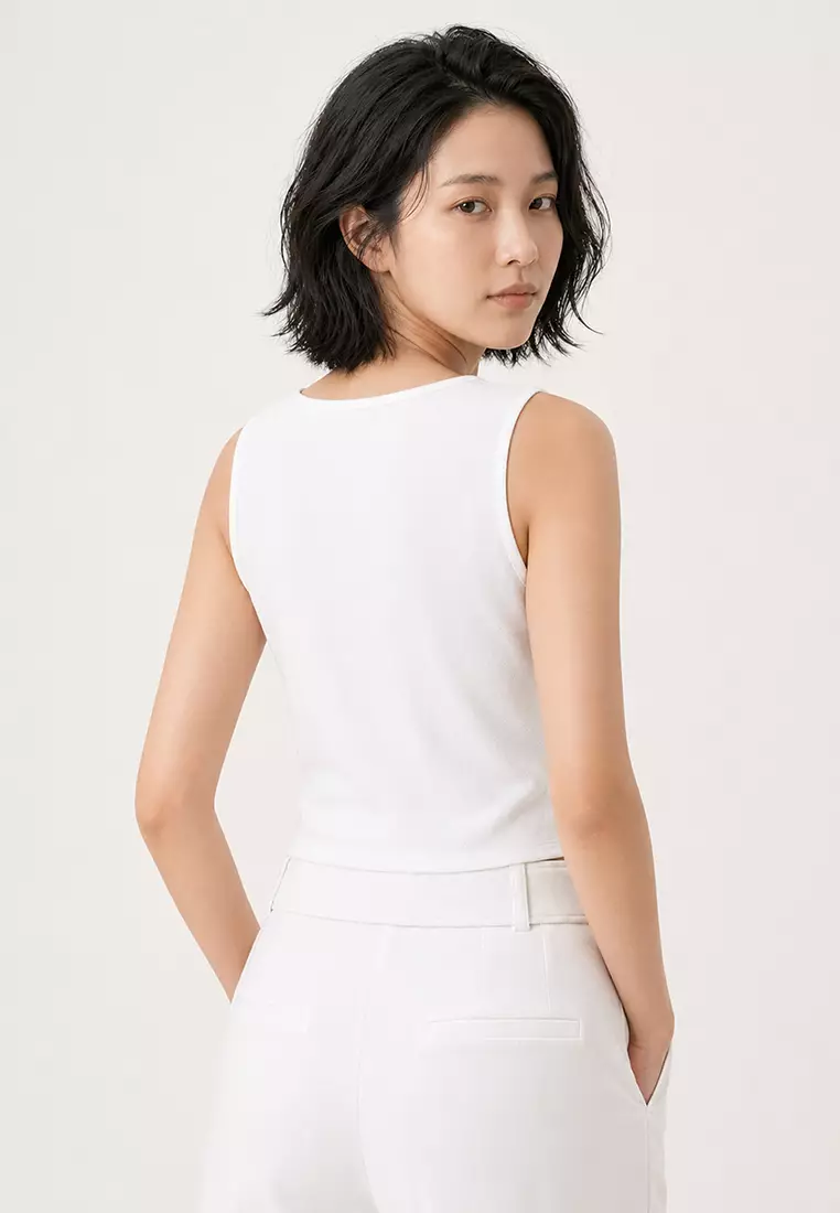 Women's White Sweetheart Neck Button Crop Vest