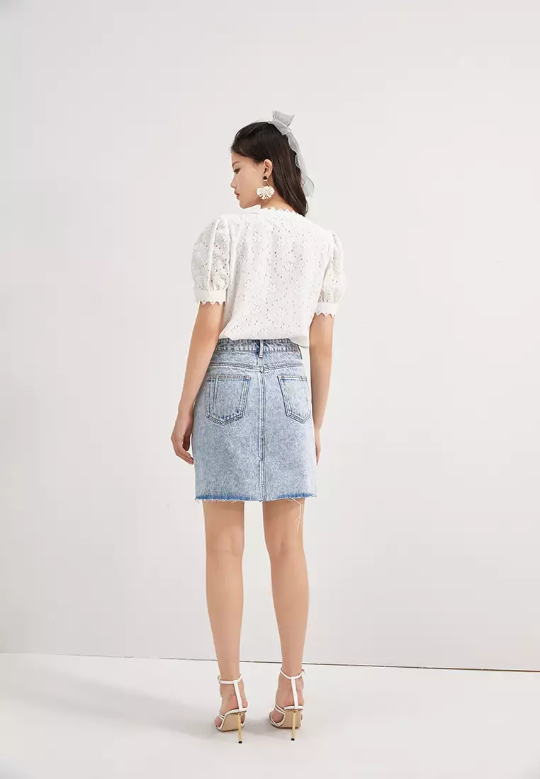 Acid Wash Front Slit Denim Short Skirt