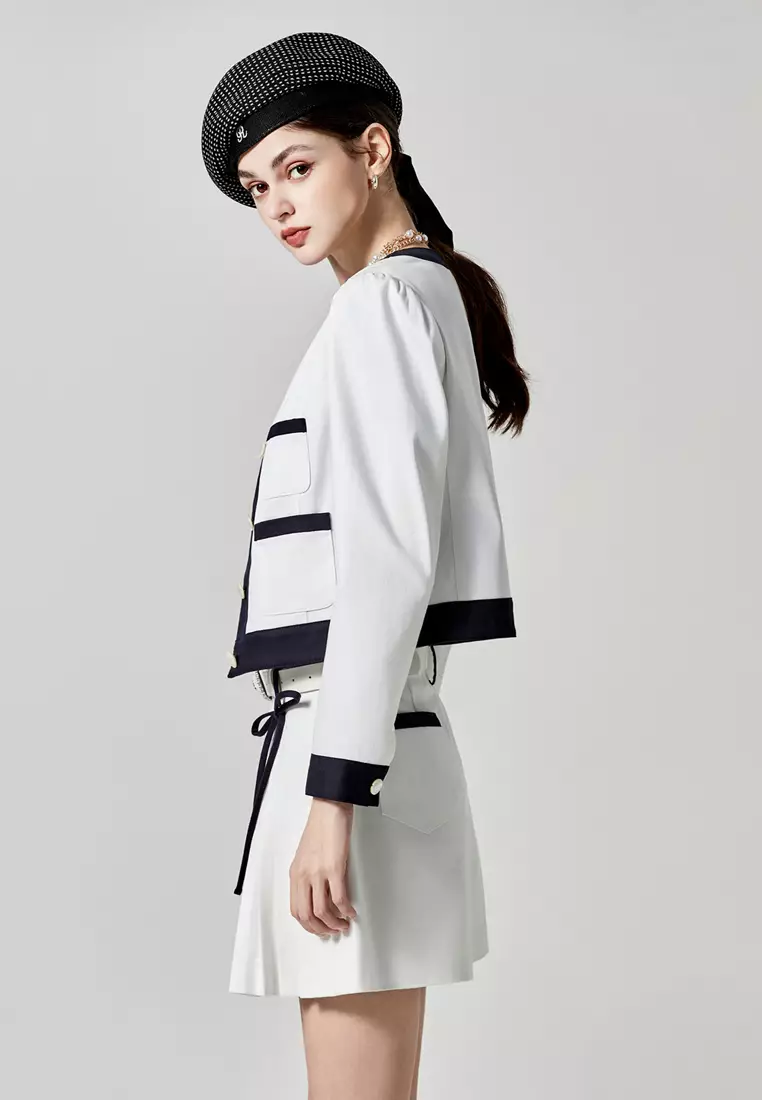 Button Front Jacket With Contrast Navy Trim Detail