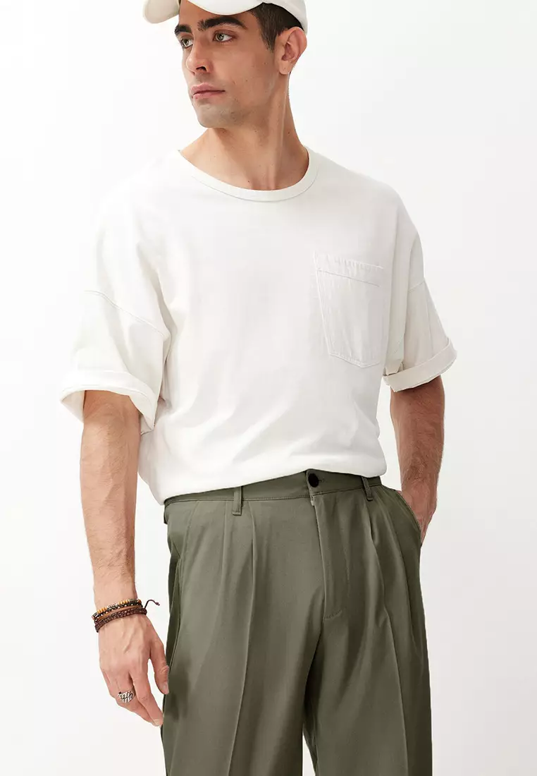 Khaki Pleated Classic Baggy Fit Fabric Trousers TMNSS24PL00024
