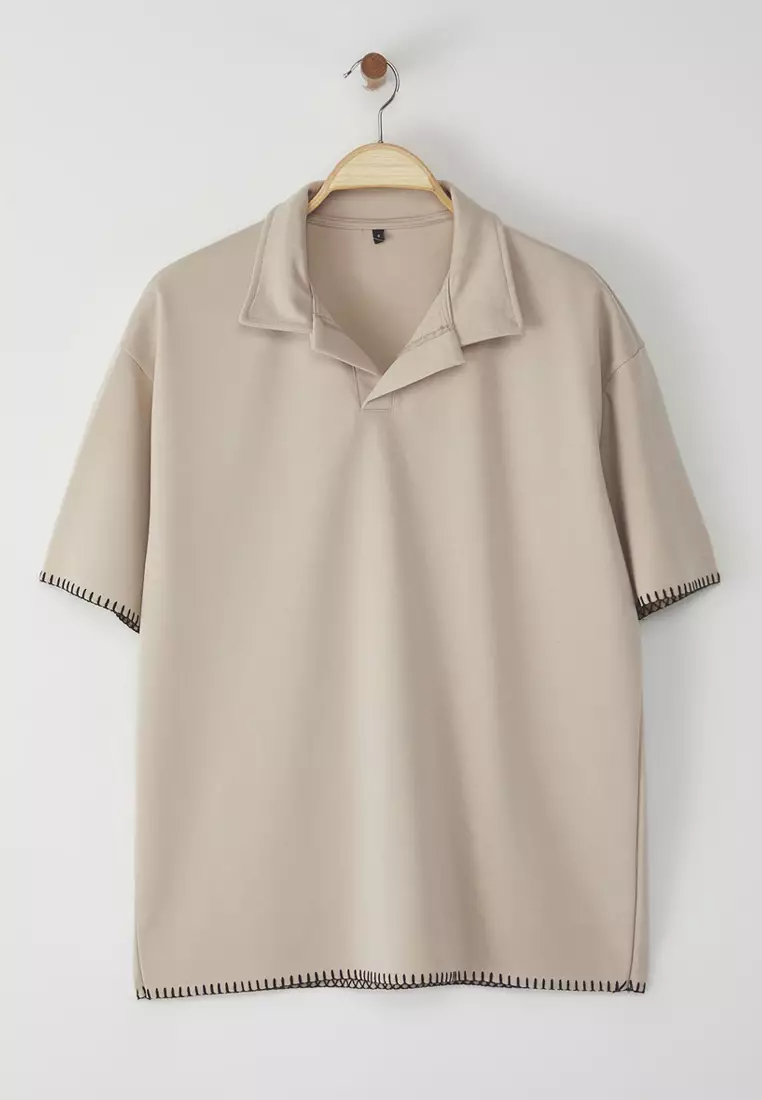 Limited Edition Stone Oversize/Wide Cut Contrast Stitch Detail Polo Neck T-shirt TMNSS25PO00009