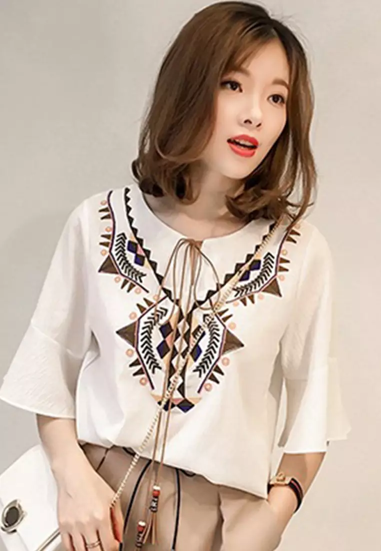 名族風刺繡荷葉邊雪紡衫上衣 A22022533W