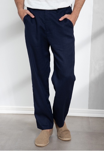 Origin by Zalora navy Linen Tailored Long Pants A7D15AAD42E476GS_1
