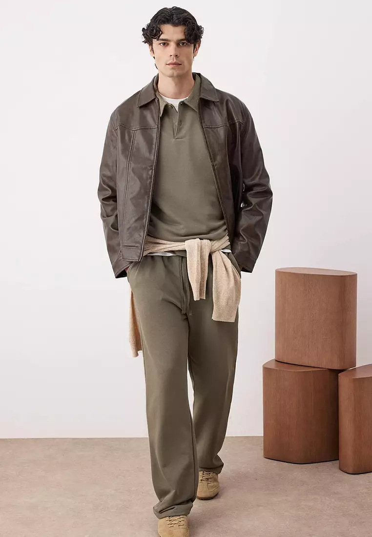 Khaki Top Oversize Bottom Straight Polo Collar Thick Tracksuit