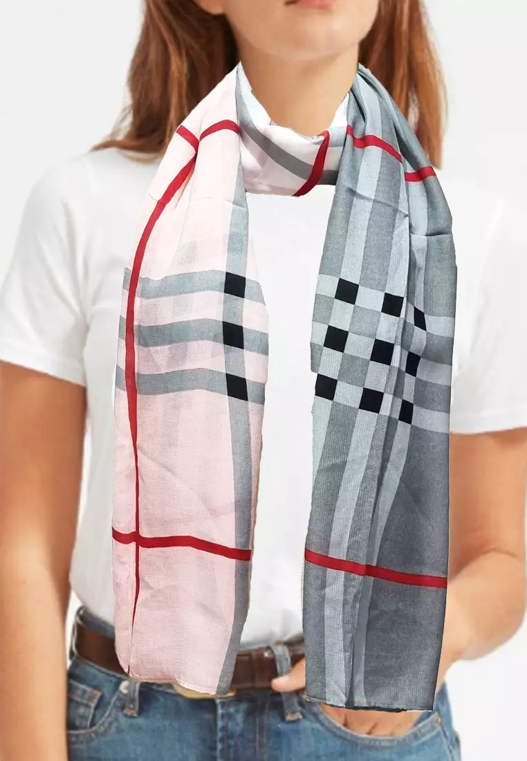 Checkered Poly.-Viscose Scarf Pink & Grey