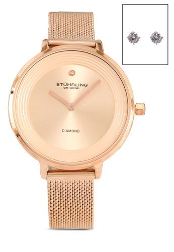 Stuhrling Original pink and gold 3946 Quartz Mesh Strap Watch & Earrings Set 898CAACCD5A013GS_1