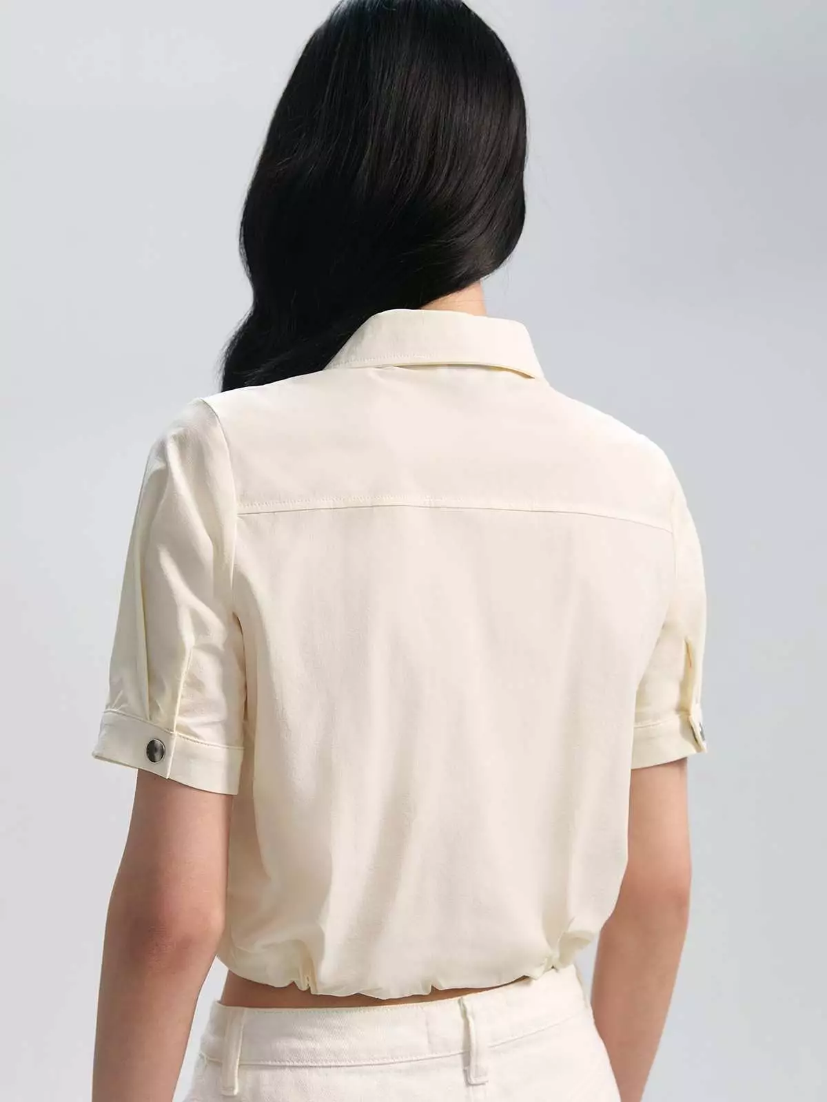 Zipper Cropped Shirt with Drawstring Detail - White